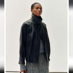 Brand New High-Collar Black Leather Bomber Jacket
